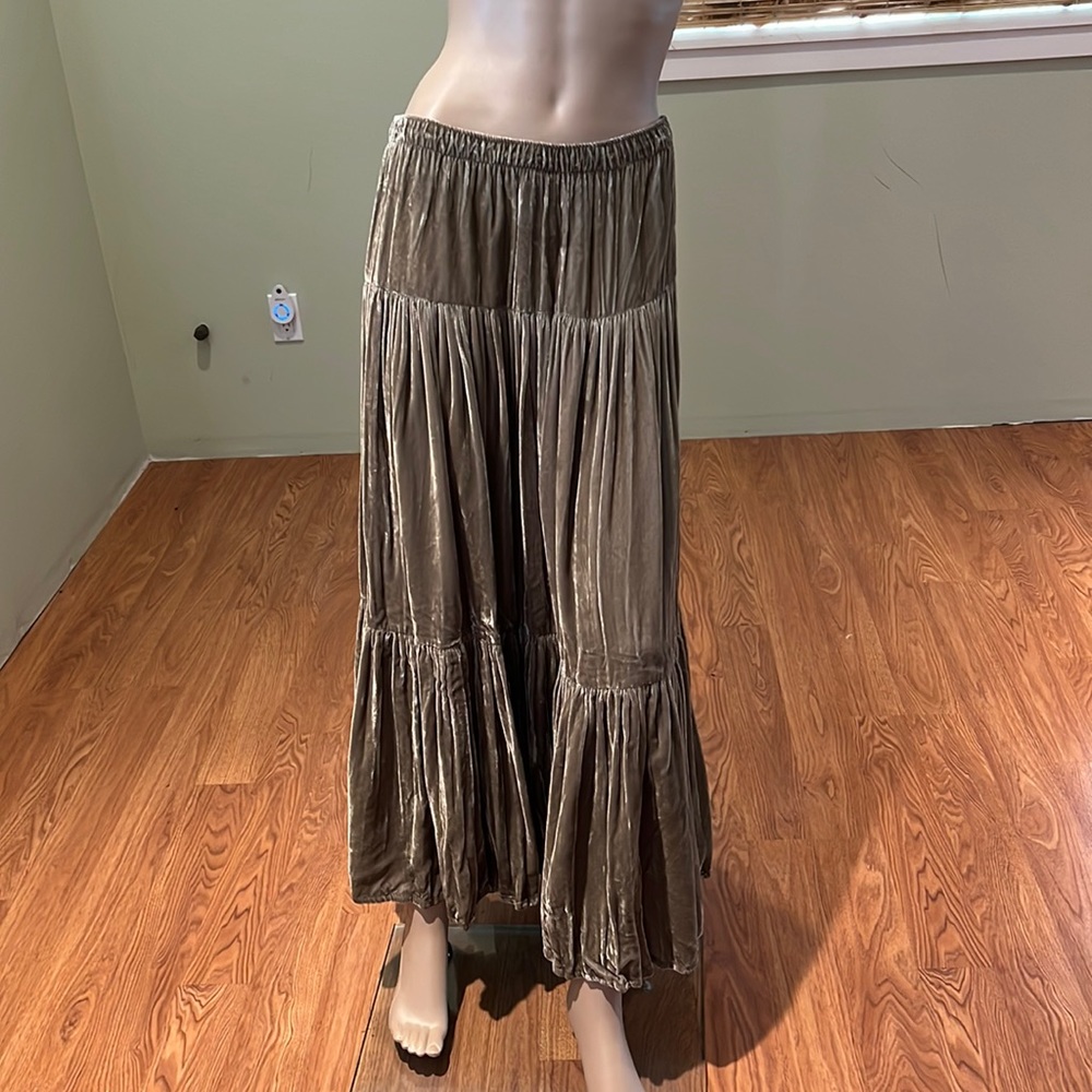 Tisa Sage Green Crushed Velvet Full Maxi Skirt W/ Pleats Inside Drawstring  O/S